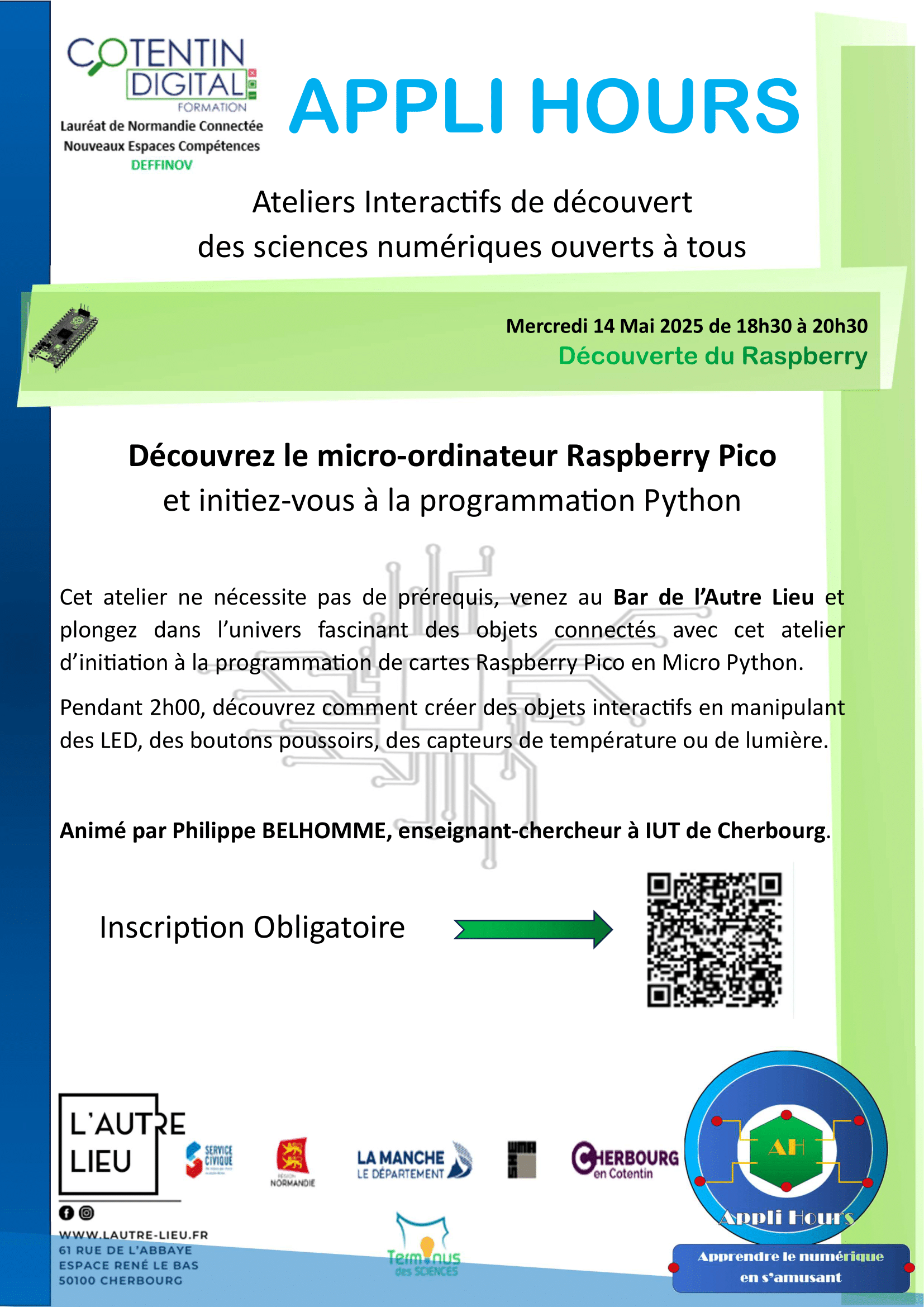 Plongez dans l'univers fascinant des objets connectés avec cet atelier d'initiation à la programmation de cartes Raspberry Pico en MicroPython ! Pendant 2h00, découvrez comment créer des objets interactifs en manipulant des LED, des boutons poussoirs, des capteurs de température ou de lumière.