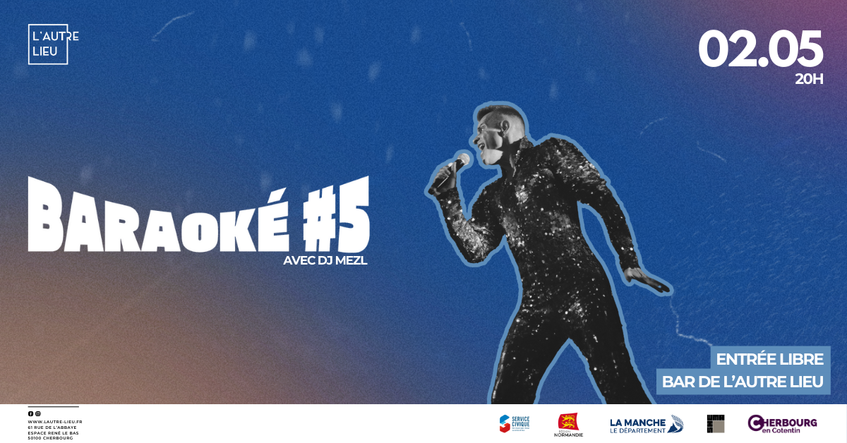 Le Baraoké revient pour une 5e édition explosive à L'Autre Lieu ! 🎤 Préparez vos cordes vocales : chants, rires et bonne humeur garantis ! Que vous soyez pro ou débutant, venez briller sur scène. Chantez à tue-tête ou profitez du spectacle, l'essentiel est de partager un moment de joie ! ⏰Ouverture des portes 19h / Soirée à 20h 🎟️Entrée libre 📣Organisé par L’Autre Lieu 📍Bar de L'Autre Lieu – Espace René Le Bas – 61 Rue de l’Abbaye (dans l’ancien hôpital maritime) – Cherbourg-en-Cotentin ℹ️ Lien de l’événement Facebook : https://fb.me/e/4vP8ZDMrG