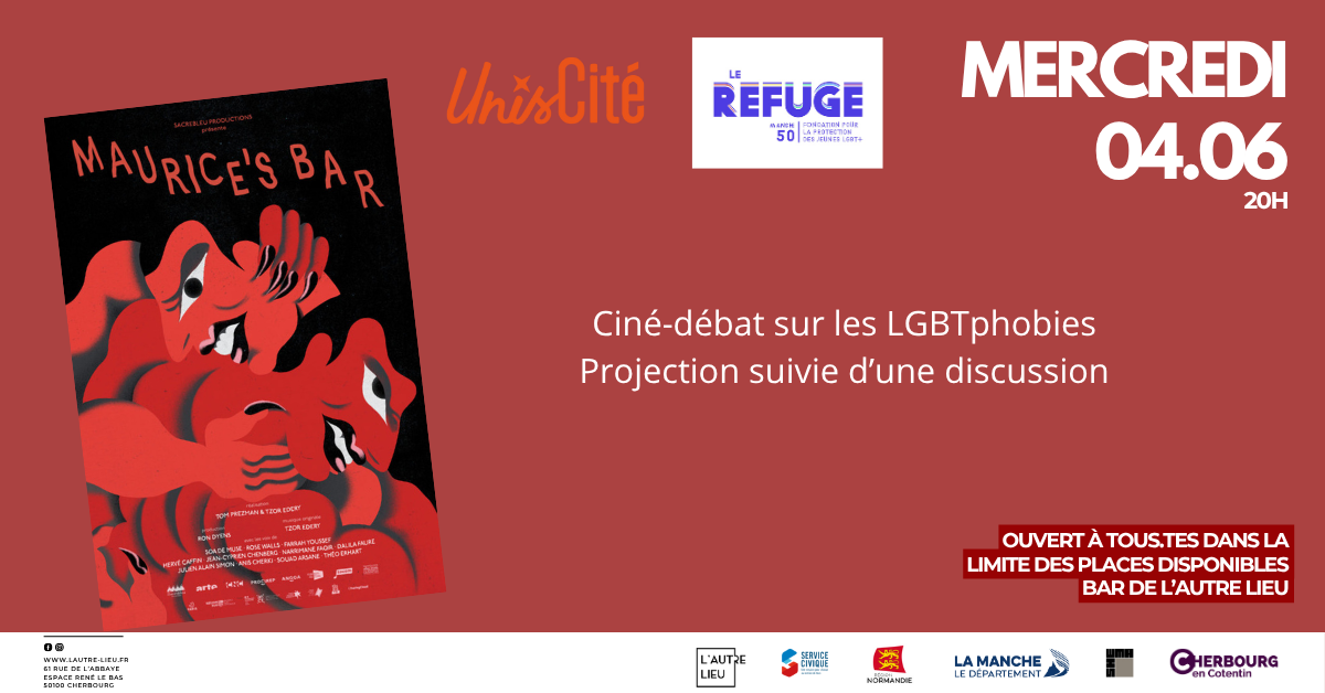 Rendez-vous le mercredi 4 juin à 20h au bar de L’Autre Lieu pour la projection du film “Maurice’s Bar”. À l’occasion du mois des fiertés, les volontaires d’Unis-cité vous proposent la projection du film Maurice’s Bar. Le court-métrage relate l’histoire de l’un des 1er bar queer de Paris au début du XXe siècle ainsi que la vie de la communauté LGBTQIA+ en France au XXe siècle. La projection sera suivie d’un quizz et d’une discussion avec la présence du Refuge.