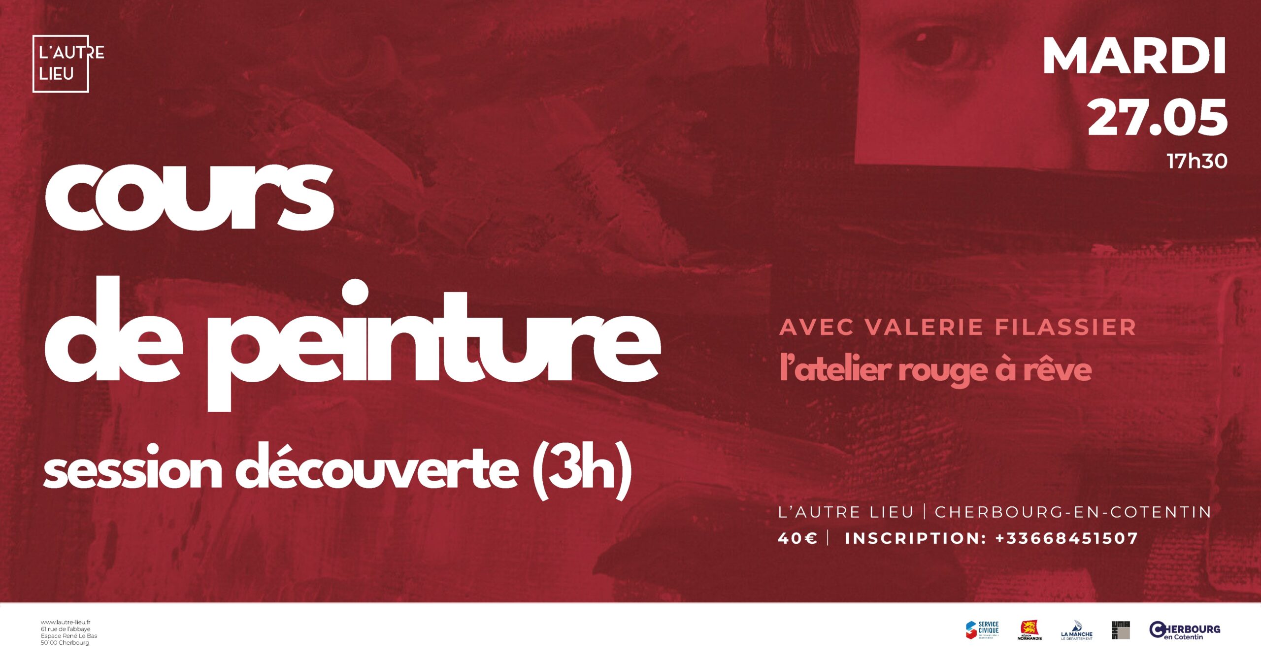 🎨 L'Atelier Rouge à Rêves s'exporte à L'Autre Lieu ! Après Le Rozel et d'autres lieux inspirants, Valérie Filassier vous donne rendez-vous à L'Autre Lieu à Cherbourg-en-Cotentin pour une session découverte autour de la couleur et de la peinture. Cours libre : venez avec votre projet, vos envies, vos couleurs. Valérie vous accompagnera avec un suivi personnalisé, que vous soyez débutant ou passionné. Une belle occasion de rencontrer l'univers de L'Atelier Rouge à Rêves et de réveiller votre élan créatif.