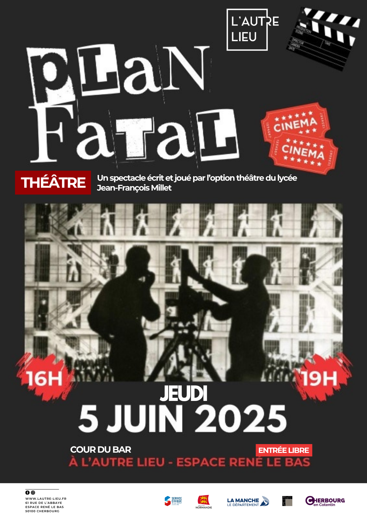 Rendez-vous le jeudi 5 juin pour 2 représentations, une à 16h et une autre à 19h dans la cour du bar de L’Autre Lieu pour une représentation théâtrale des élèves du lycée Jean-François Millet.