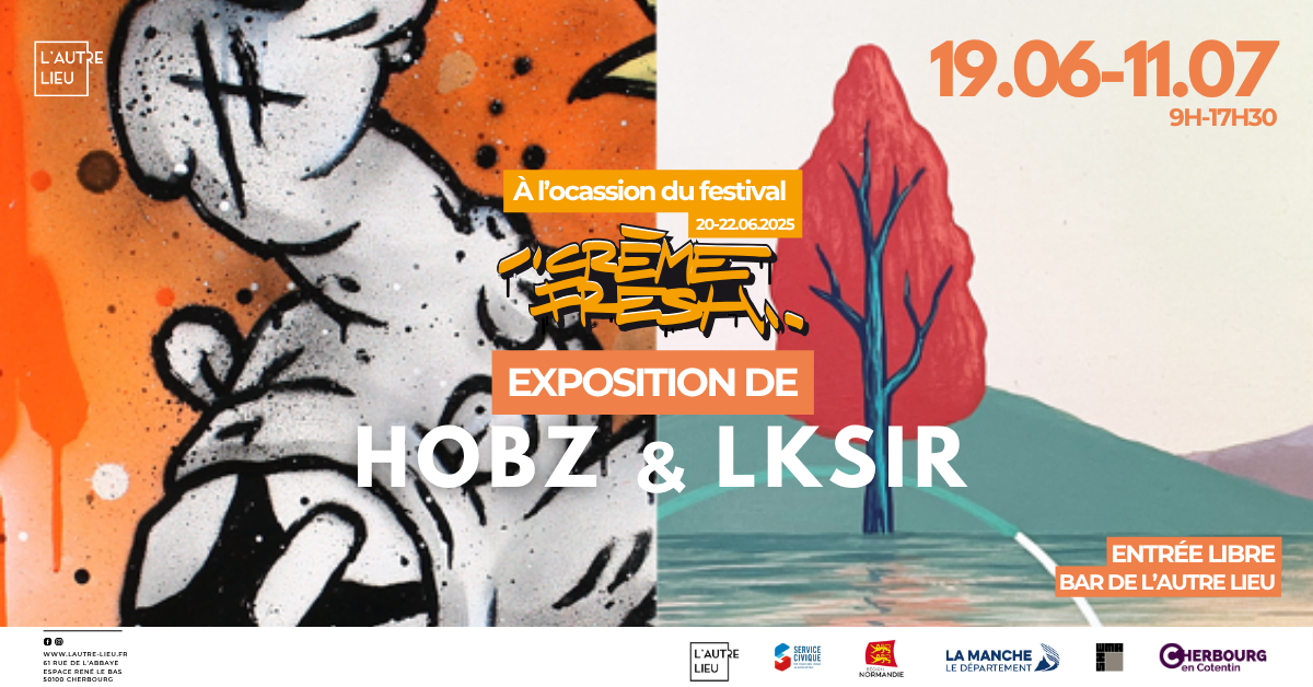 🖼️Rendez-vous du jeudi 19 juin au 11 juillet au bar de L’Autre Lieu dans l’Espace René Le Bas, pour découvrir l’exposition des artistes HOBZ & LKSIR. Dans le cadre du Crème Fresh Festival, L’Autre Lieu accueille l’exposition « Mondo 7876 », une rencontre inédite entre deux figures majeures de la scène street art contemporaine : HOBZ et LKSIR. 🎨 Du 19 juin au 11 juillet, découvrez un univers visuel entre hybridation urbaine et réinvention graphique.