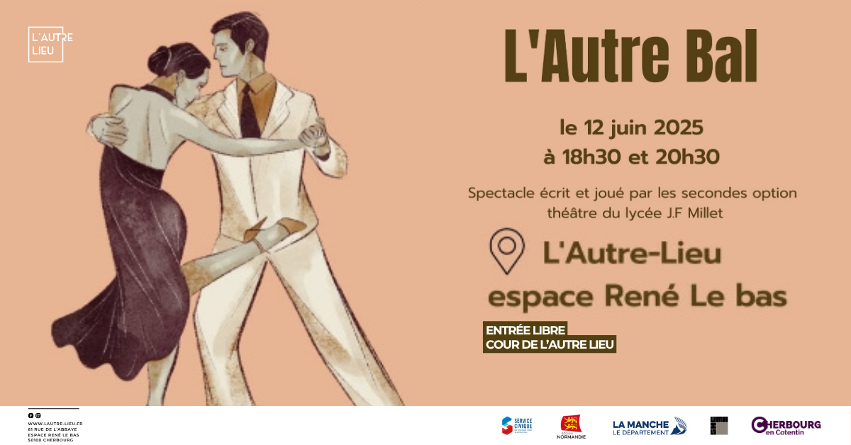 Rendez-vous le jeudi 12 juin à 18h30 et à 20h30 dans la cour du bar de L’Autre Lieu pour une représentation théâtrale des élèves du lycée Jean-François Millet. Synopsis : De la Commune aux années 60, Cherbourg se raconte sur une piste de danse. Un jour particulier, une salle de bal devient le théâtre de rencontres inattendues : révoltés, émigrants, soldats, résistants, Cherbourgeois dignes des Parapluies de Cherbourg et ouvriers de l’Arsenal s’y croisent et se racontent. Ce voyage à travers l’histoire locale, entre émotion et mémoire, est un spectacle original entièrement imaginé et écrit par les élèves de seconde option théâtre du lycée Millet.