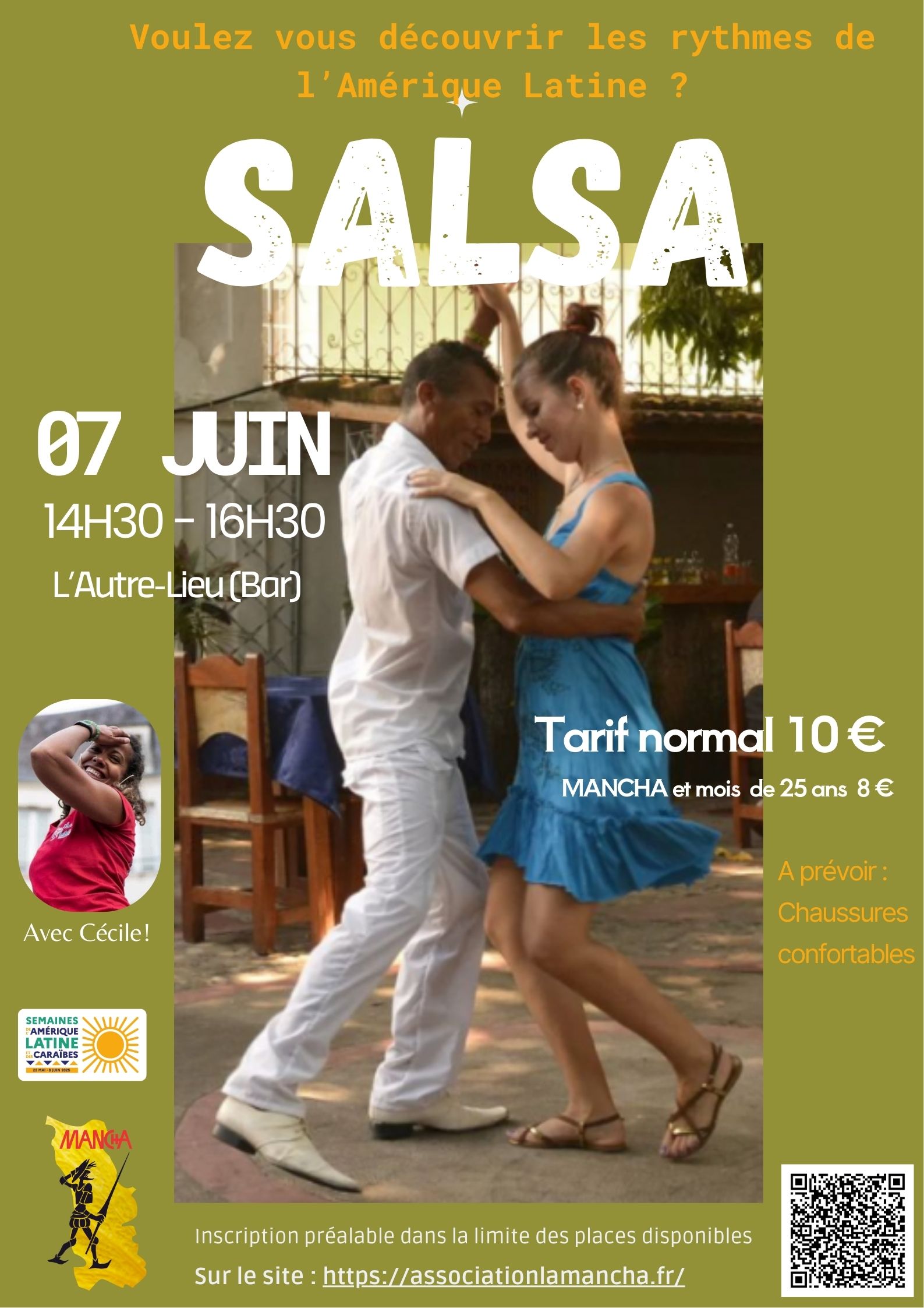 À la découverte de la SALSA et ses rythmes de l’Amérique Latine ! Quoi de mieux qu’une initiation avec Cécile. Le samedi 7 juin à partir de 14h30 - Deux heures de pur bonheur vous attendent dans un cadre sympathique qu’est l’Autre Lieu, dehors si le temps le permet, sinon repli au Bar de l’Autre Lieu.