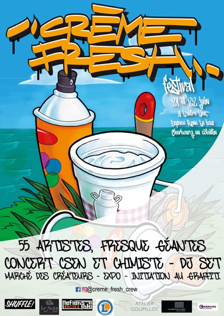 Le Crème Fresh Festival et L'Autre Lieu s'associent pour un événement graffiti/street art d'anthologie ! Du vendredi 20 au dimanche 22 juin, retrouvez la 1ère édition du festival dédié à la pratique du street art dans le Cotentin et notamment, dans les espaces de L’Autre Lieu. Pendant ce weekend, ce sont 55 artistes de renom qui réaliseront des performances de live painting sur les façades de L'Autre Lieu. Et tout au long du week-end seront proposés des ateliers, rencontres, expositions, DJ set...