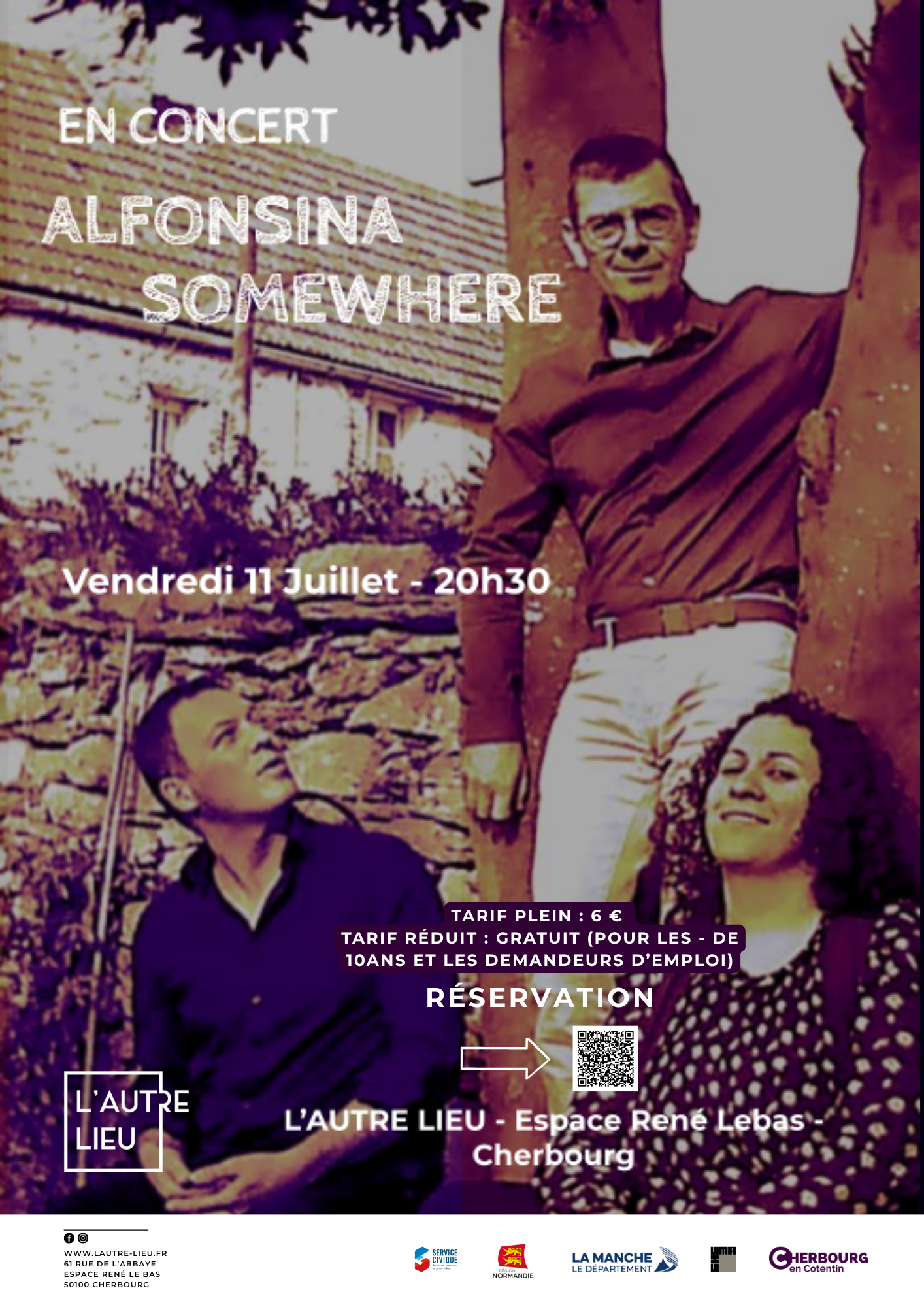 🗓️Rendez-vous le vendredi 11 juillet à 20h30 pour une soirée jazz à L’Autre Lieu. 🎉 C’est la dernière soirée, avant une petite pause, de la saison 2024-2025 à L’Autre Lieu ! Venez découvrir une soirée placée sous le rythme du jazz venez découvrir le groupe local Alfonsina Somewhere en live !