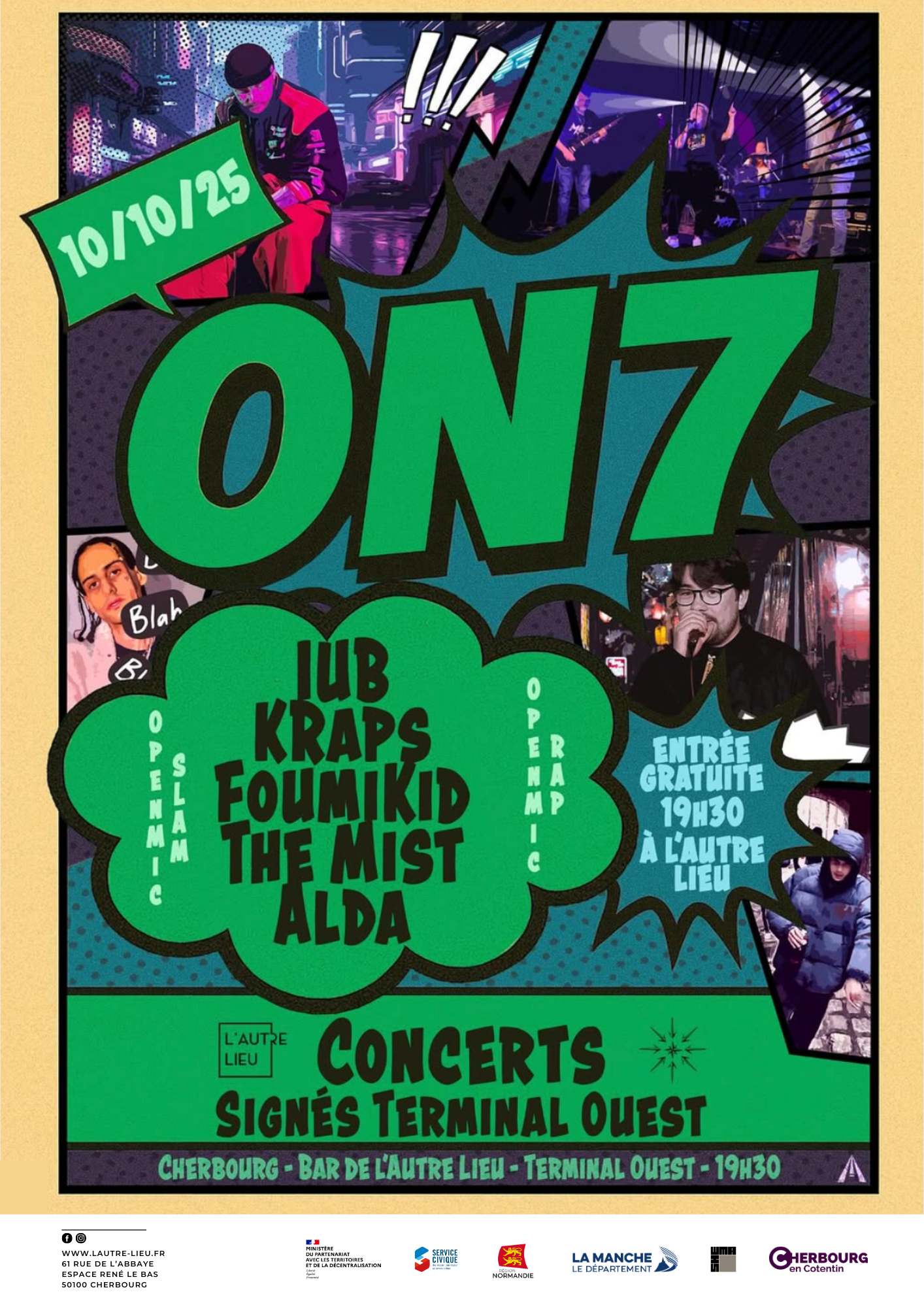 🗓️Rendez-vous le vendredi 10 octobre à partir de 19h30 pour des concerts et un Open Mic Rap avec l’association Terminal Ouest.