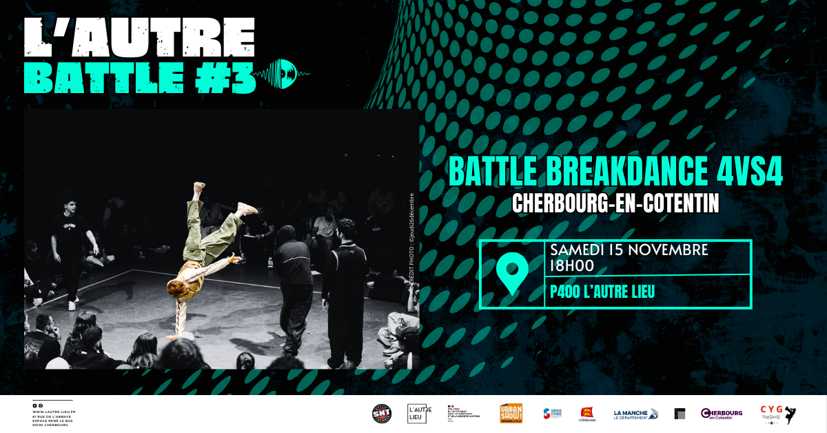 🗓️À vos agendas ! L’Autre Battle est de retour, nous vous donnons rendez-vous le samedi 15 novembre pour la 3e édition dans le plateau P400 à L’Autre Lieu, dans l’Espace René Le Bas à Cherbourg-en-Cotentin !