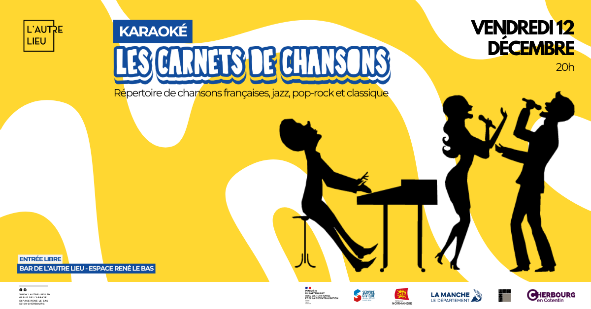 🗓️Nous vous donnons rendez-vous le vendredi 12 décembre à partir de 20h pour une soirée “Les Carnets de chansons” avec l’Air de rien, autrement dit, Guillaume Valle et son piano vont vous faire chanter à tue-tête dans le bar de L’Autre Lieu dans l’Espace René Le Bas à Cherbourg-en-Cotentin !