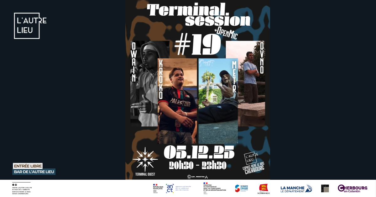 🗓️ Nous vous donnons rendez-vous le vendredi 5 décembre à partir de 20h30 pour une soirée 100% RAP avec l’association Terminal Ouest, dans le bar de L’Autre Lieu dans l’Espace René Le Bas à Cherbourg-en-Cotentin !