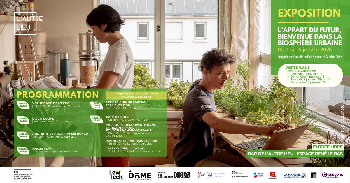 L’Autre Lieu vous invite à découvrir l’exposition « L’Appartement du futur », dans le cadre du projet Biosphère urbaine, présentée du 7 au 18 janvier. L’exposition aura lieu dans le bar de L’Autre Lieu, à l’Espace René Le Bas, à Cherbourg-en-Cotentin.