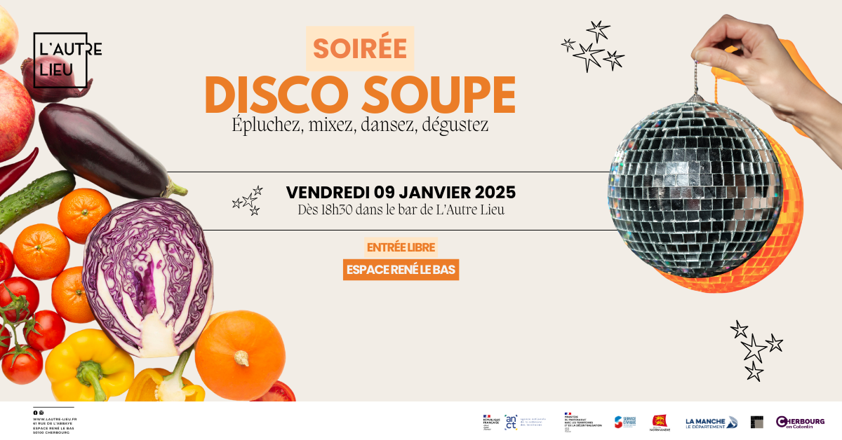 Épluchez, Cuisinez, Dégustez !, c’est le slogan de la soirée Disco Soupe organisée dans le bar de L’Autre Lieu le vendredi 9 janvier à partir de 18h30. C’est un événement collectif et festif autour de la lutte contre le gaspillage alimentaire. Nous attendons plus que vous !