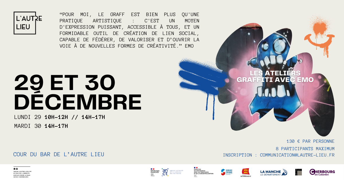🗓️ Nous vous donnons rendez-vous le lundi 29 décembre de 10h à 12h et de 14h à 17h et le mardi 30 de 14h à 17h pour des ateliers avec Ronan alias Emo, dans la cour du bar de L’Autre Lieu, si la météo le permet, dans l’Espace René Le Bas à Cherbourg-en-Cotentin !