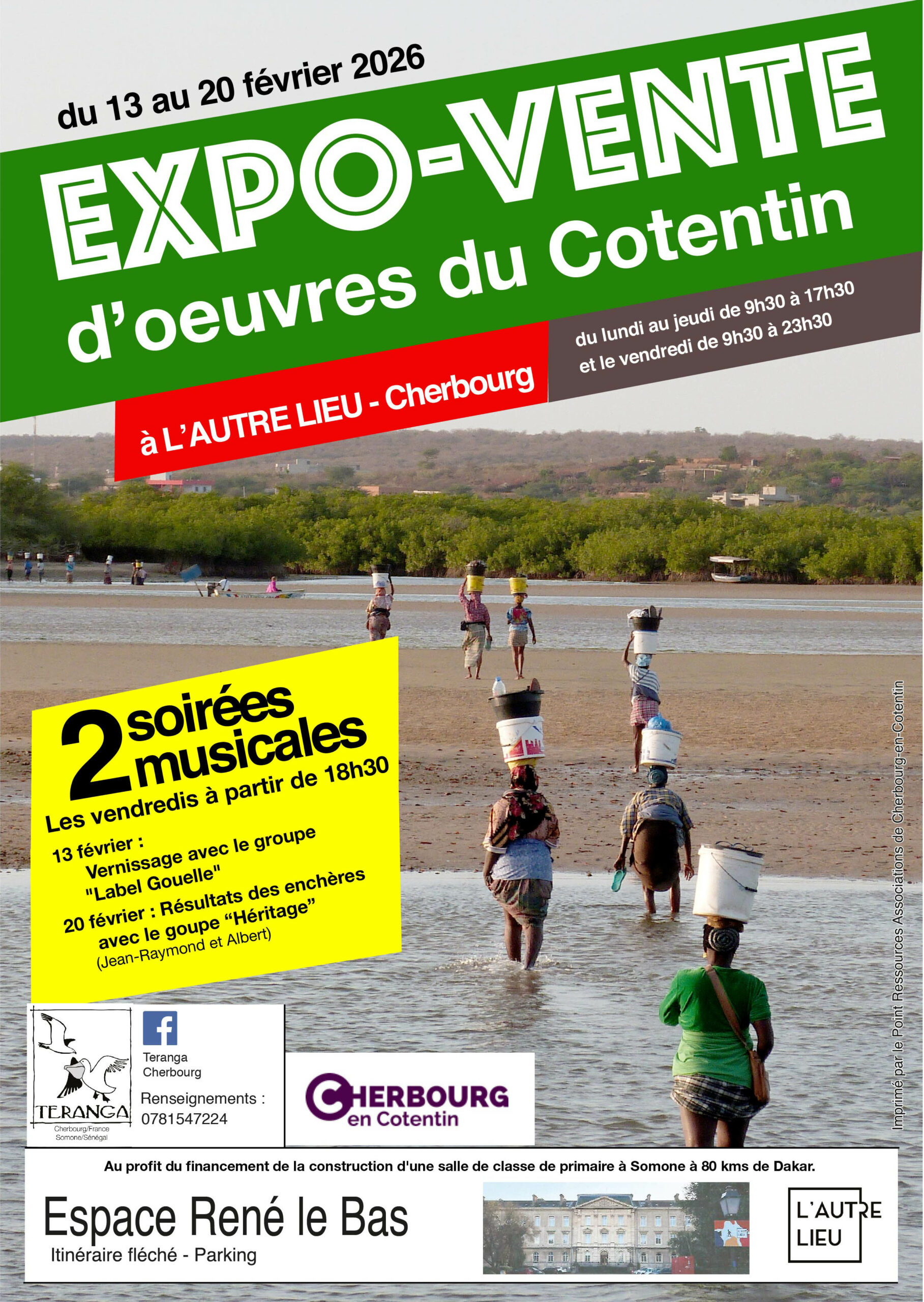 À vos agendas ! L’association Teranga organise une nouvelle expo-vente “Une 3e classe pour Kaolack” avec des artistes du Cotentin à partir du vendredi 13 février jusqu’au vendredi 20 février dans le bar de L’Autre Lieu, dans l’Espace René Le Bas à Cherbourg-en-Cotentin.