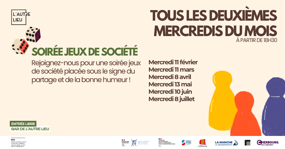 🗓️Les bénévoles de l’association de L’Autre Lieu vous donnent rendez-vous tous les 2e mercredis du mois à partir de 18h30 dans le bar de L’Autre Lieu, dans l’Espace René Le Bas pour un moment convivial autour de jeux de société.