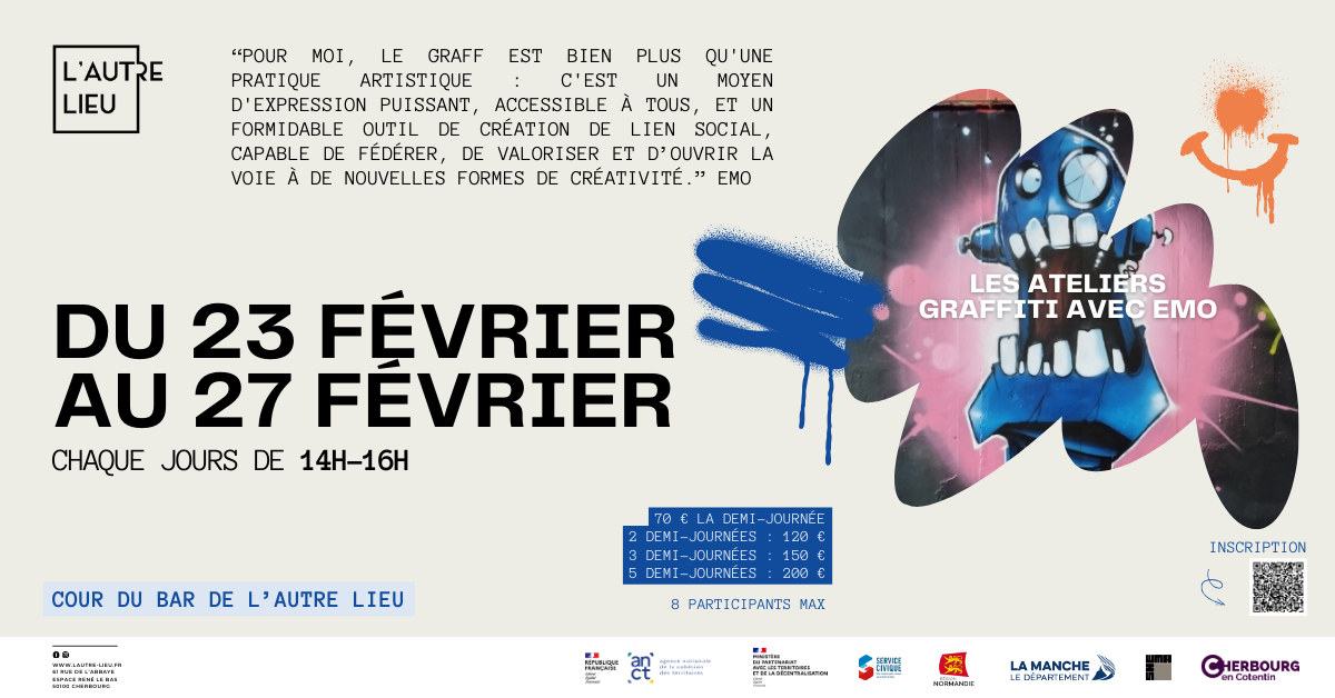 🗓️ Nous vous donnons rendez-vous du lundi 23 février au vendredi 27 février 2026 de 14h à 16h pour des ateliers graff animés par Ronan (alias Emo) membre et co-fondateur du Crème Fresh Crew pour le Crème Fresh Festival. Les ateliers auront lieu comme en décembre dernier, dans la cour du bar de L’Autre Lieu, si la météo le permet, dans l’Espace René Le Bas à Cherbourg-en-Cotentin !