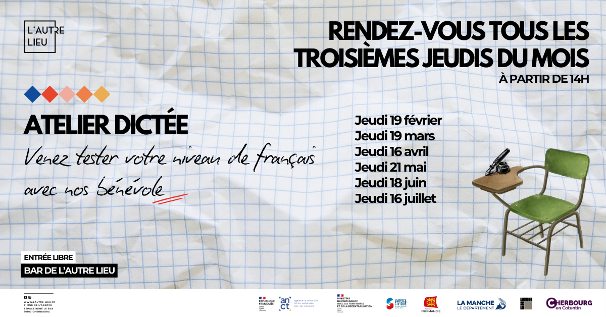 🗓️Rendez-vous le jeudi 19 mars et tous les 3e jeudis du mois au bar de L’Autre Lieu, dans l’Espace René Le Bas à Cherbourg-en-Cotentin, pour un moment convivial autour des mots avec nos bénévoles !
