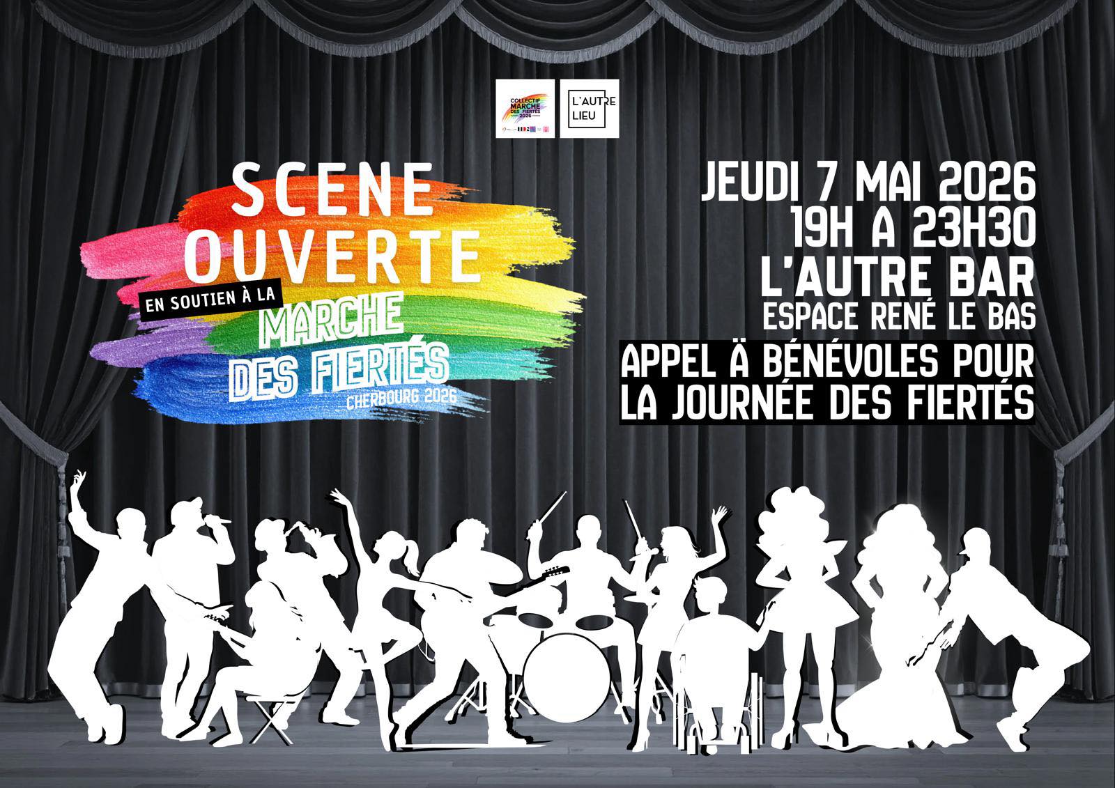 🗓️ À vos agendas ! Rendez-vous le jeudi 7 mai 2026 à partir de 19h pour une scène ouverte solidaire : une soirée engagée, festive et inclusive à l'occasion de la Marche des Fiertés de Cherbourg, au Bar de L'Autre Lieu, dans l'Espace René Le Bas à Cherbourg-en-Cotentin !