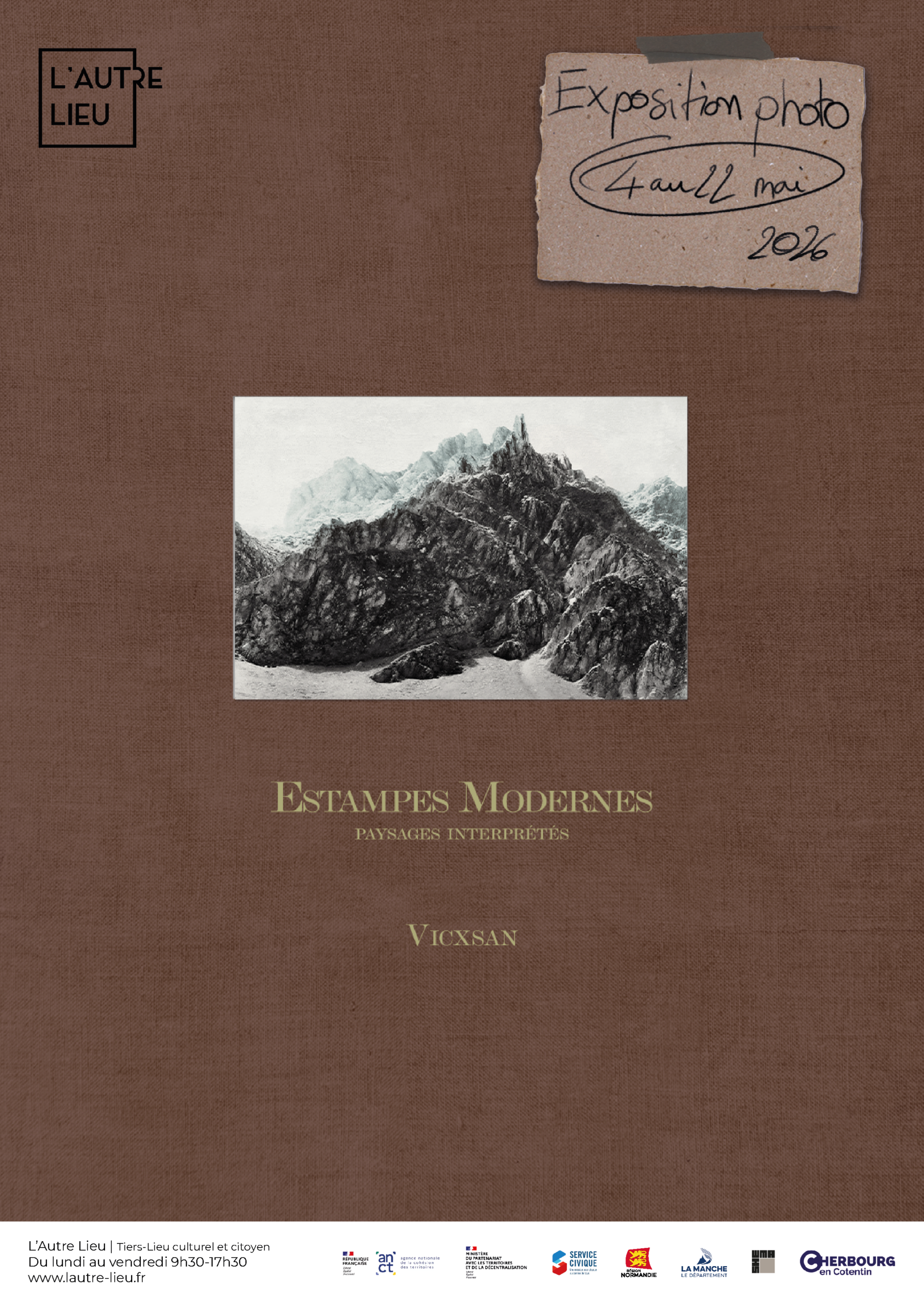 🗓️ À vos agendas ! Nous vous donnons rendez-vous du lundi 4 au 22 mai de 9h30 à 17h30 (hors week-end) pour venir admirer l’exposition photographique de l’artiste Vicxsan dans la verrière de L’Autre Lieu, dans l’Espace René Le Bas à Cherbourg-en-Cotentin !