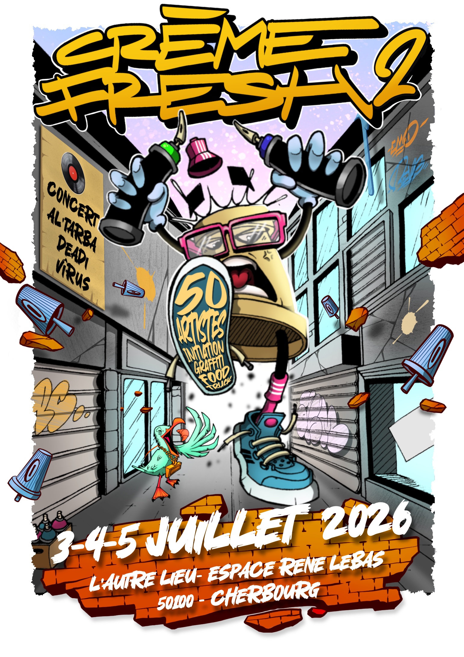 🗓️ À vos agendas ! Nous vous donnons rendez-vous à partir du vendredi 3 juillet jusqu’au dimanche 5 juillet 2026 pour venir découvrir les 60 artistes du festival Crème Fresh dans les locaux de L’Autre Lieu dans l’Espace René Le Bas à Cherbourg-en-Cotentin !