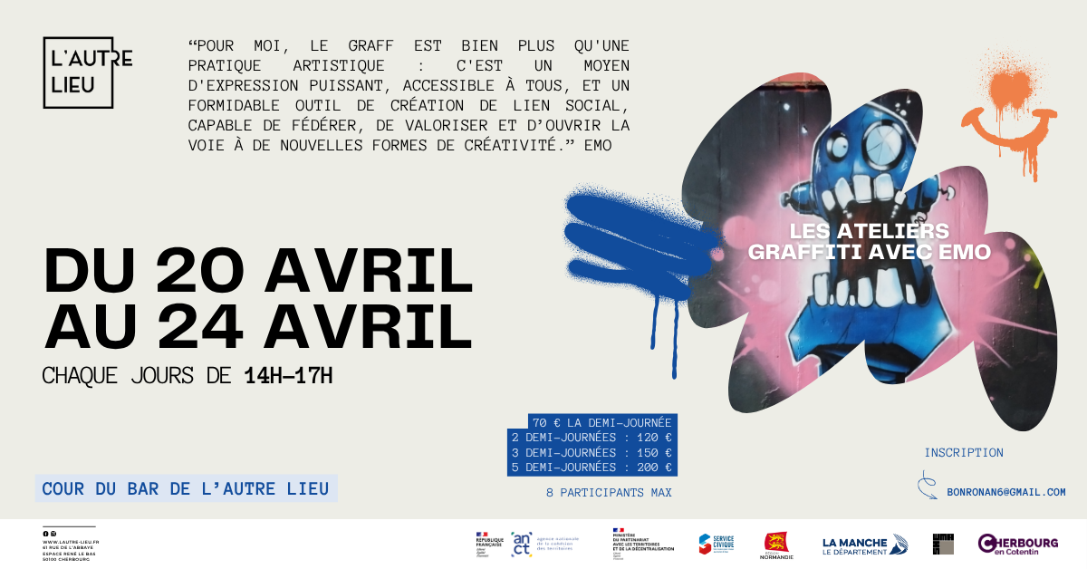 🗓️ Nous vous donnons rendez-vous du lundi 20 au vendredi 24 avril de 14h à 17h pour des ateliers avec Ronan alias Emo, dans la cour du bar de L’Autre Lieu, si la météo le permet, dans l’Espace René Le Bas à Cherbourg-en-Cotentin !