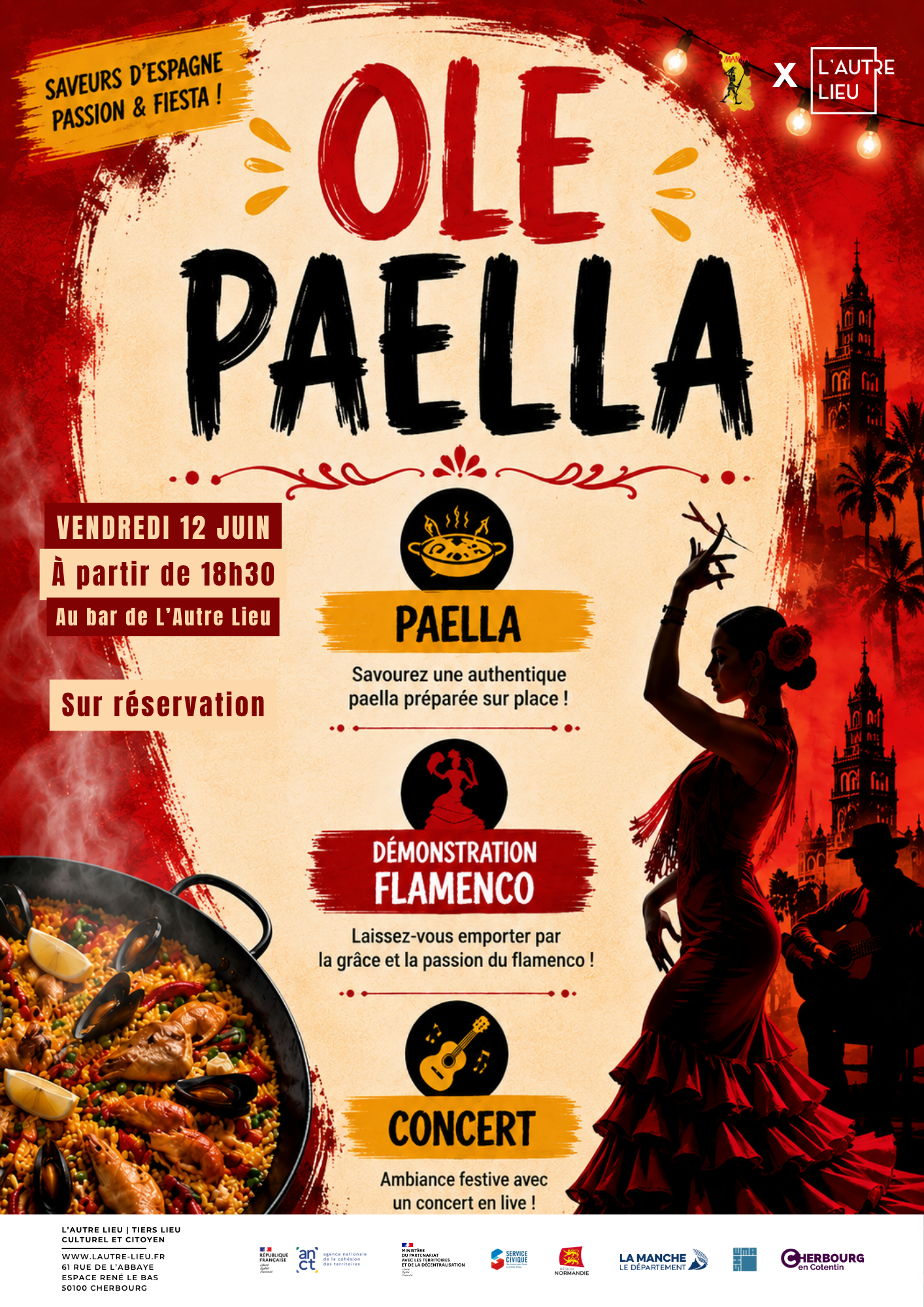 Rendez-vous le vendredi 12 juin à partir de 18h30, pour fêter l'arrivée de l'été, en partenariat avec L'Autre Lieu, MANCHA vous invite à sa préparation d'une paëlla sous le soleil de l'Espagne dans la cour du bar de l'Autre Lieu (avec possibilité d'être à couvert si le temps cherbourgeois nous empêche d'être à l'extérieur...).