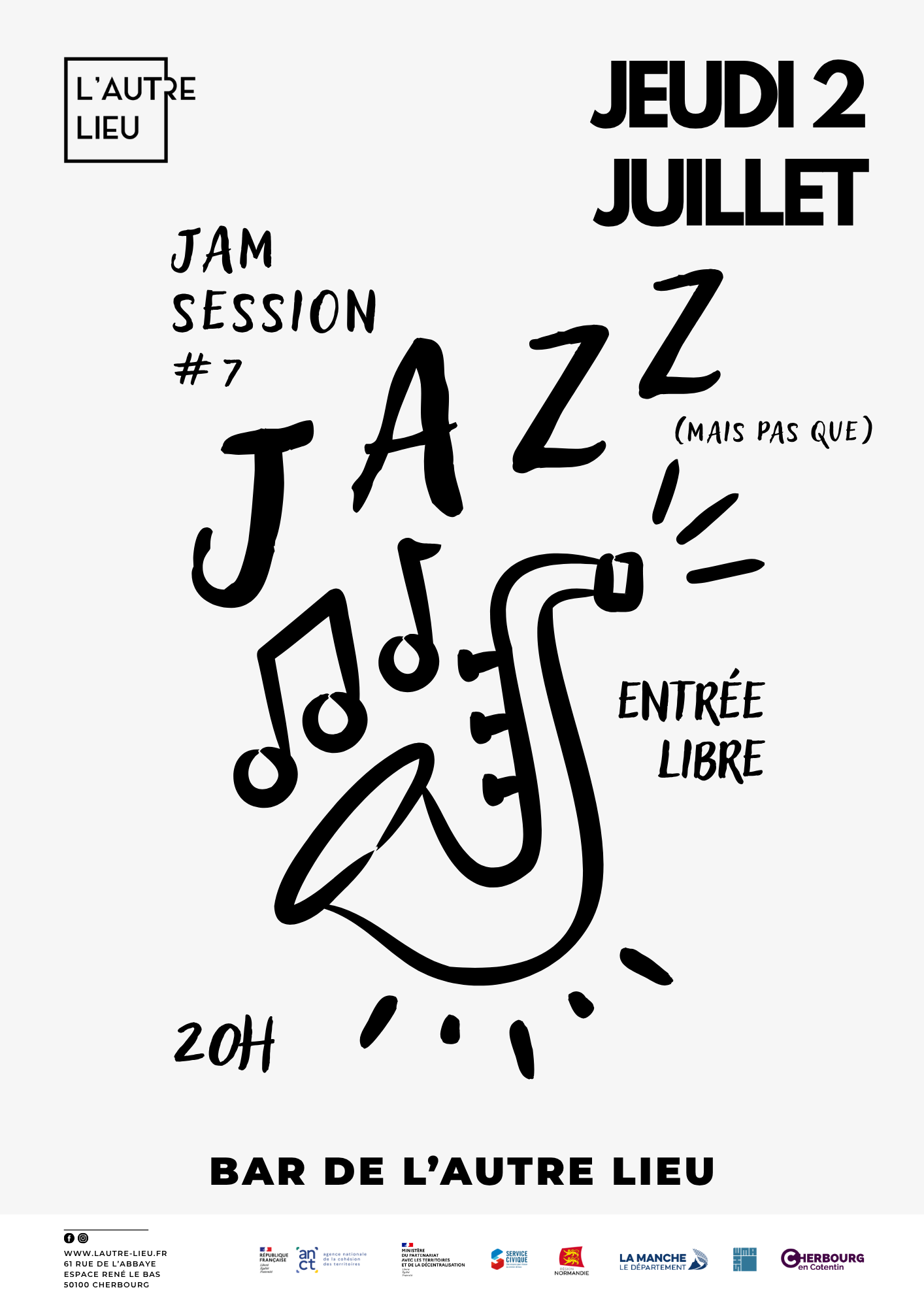🗓️ À vos agendas ! Nous vous donnons rendez-vous le jeudi 2 juillet à 20h pour une 7e édition de la Jam Session dans le bar de L’Autre Lieu, dans l’Espace René Le Bas à Cherbourg-en-Cotentin !