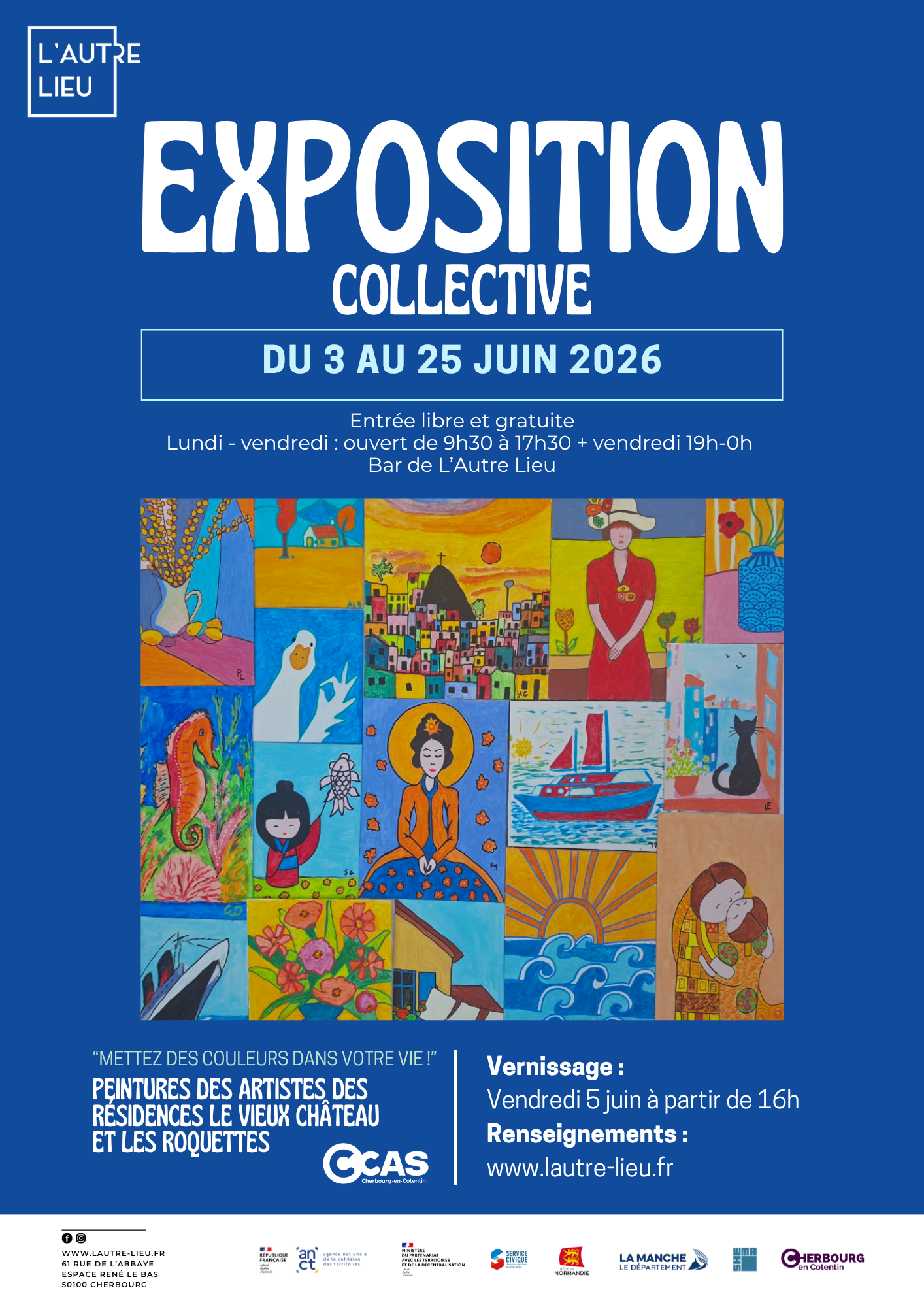 🗓️ À vos agendas ! Nous vous donnons rendez-vous du 3 au 25 juin 2026 pour une exposition collective des résidentes et résidents des Résidences Autonomie le Vieux Château et les Roquettes dans le bar de L’Autre Lieu, dans l’Espace René Le Bas à Cherbourg-en-Cotentin !