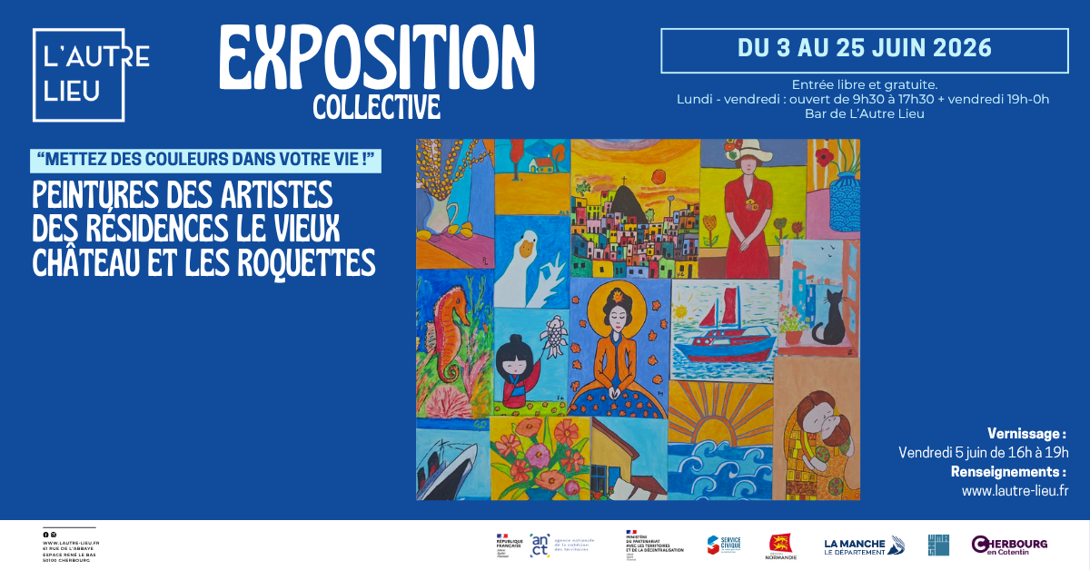 🗓️ À vos agendas ! Nous vous donnons rendez-vous du 3 au 25 juin 2026 pour une exposition collective des résidentes et résidents des Résidences Autonomie le Vieux Château et les Roquettes dans le bar de L’Autre Lieu, dans l’Espace René Le Bas à Cherbourg-en-Cotentin !