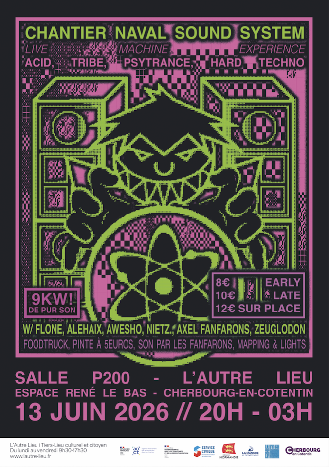 🗓️ SAVE THE DATE ! Nous vous donnons rendez-vous le samedi 13 juin pour venir danser accompagné par les DJ du collectif Chantier Naval Sound System dans le P200 à L’Autre Lieu, dans l’Espace René Le Bas à Cherbourg-en-Cotentin !