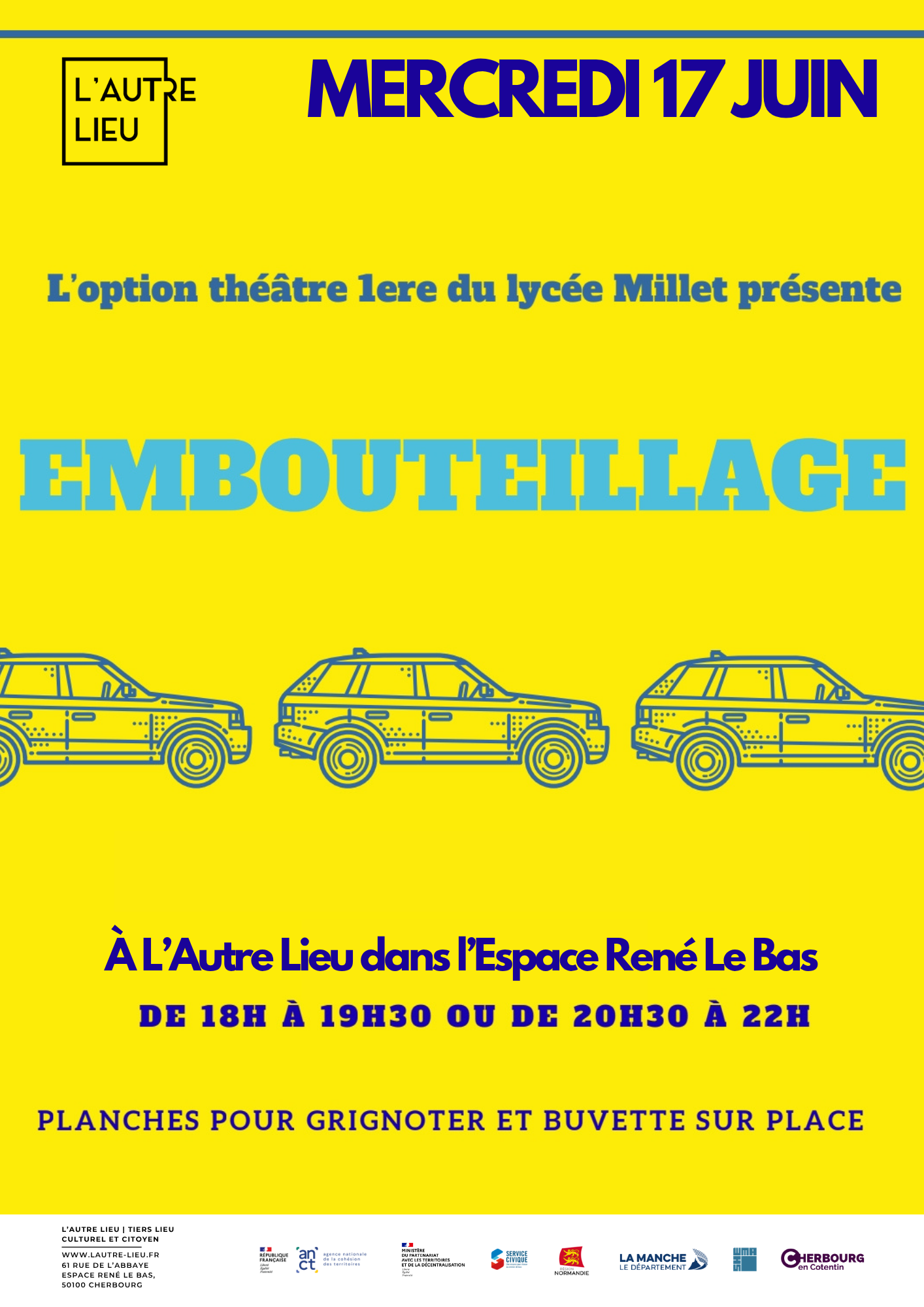 Nous vous donnons rendez-vous le mercredi 17 juin pour venir admirer les élèves de l’option de théâtre du lycée Jean-François Millet à L’Autre Lieu, dans l’Espace René Le Bas à Cherbourg-en-Cotentin !