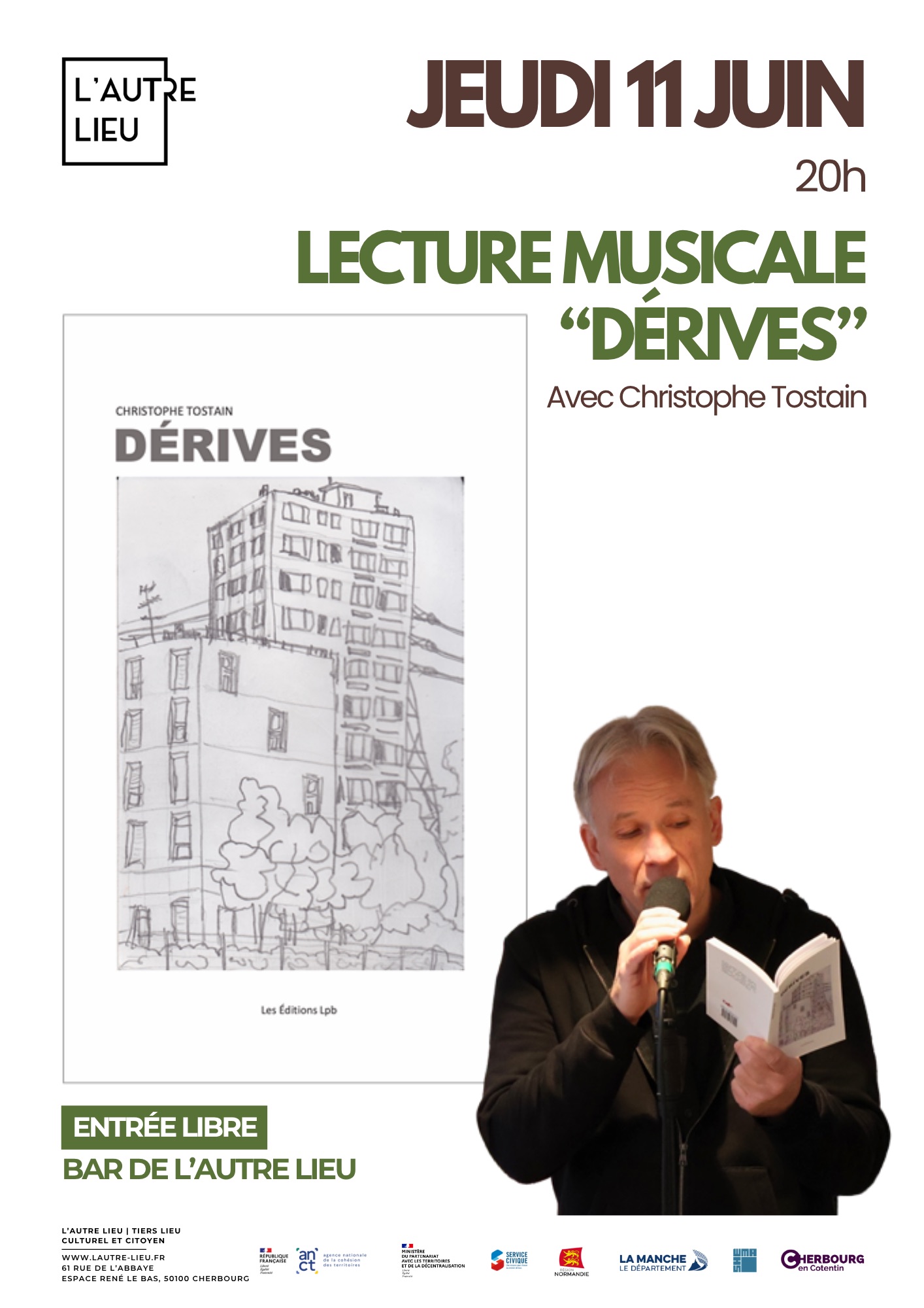 🗓️ SAVE THE DATE ! Nous vous donnons rendez-vous le jeudi 11 juin à 20h pour une lecture musicale dans le bar de L’Autre Lieu, dans l’Espace René Le Bas à Cherbourg-en-Cotentin !