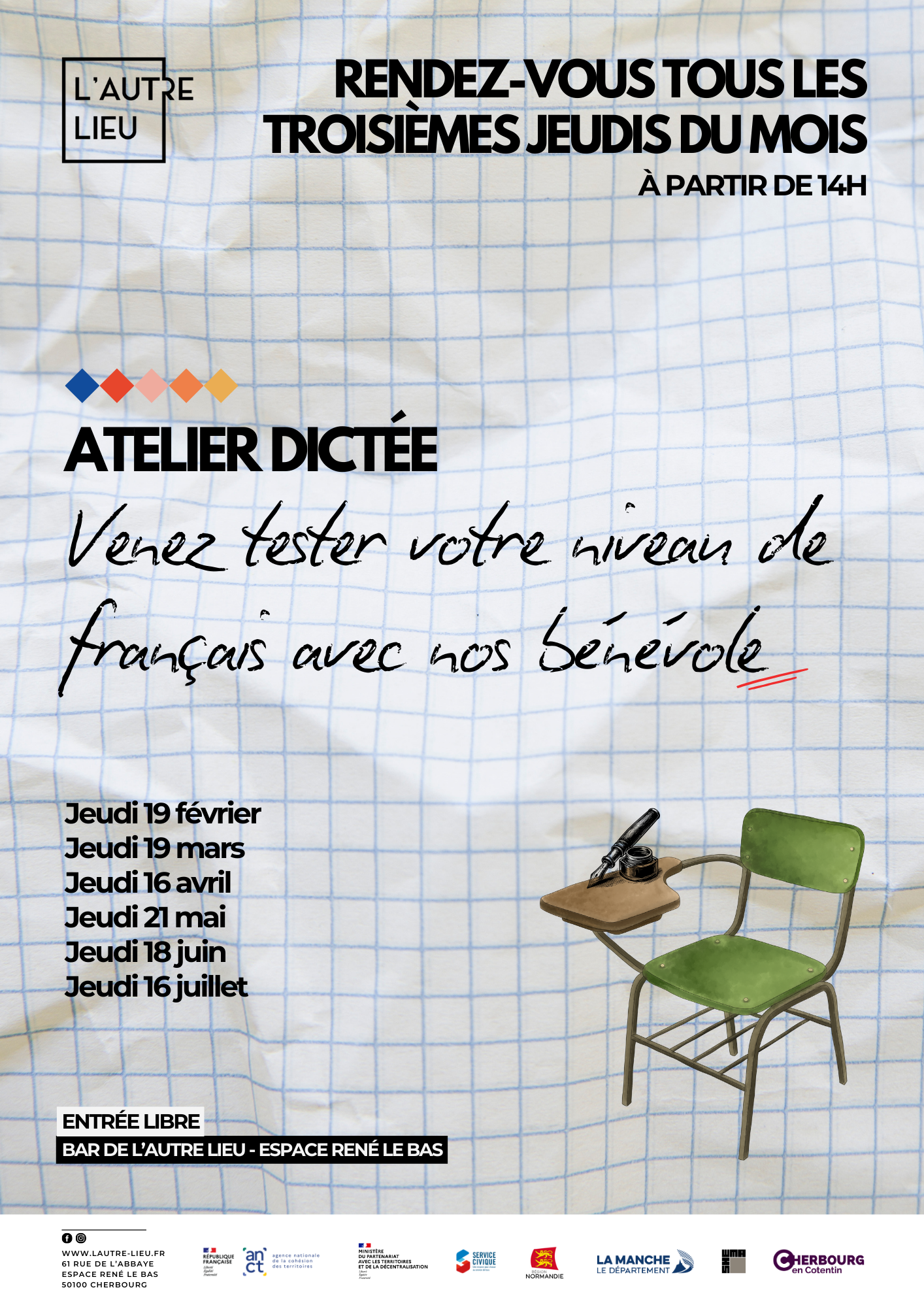 🗓️Rendez-vous le jeudi 18 juin et tous les 3e jeudis du mois au bar de L’Autre Lieu, dans l’Espace René Le Bas à Cherbourg-en-Cotentin, pour un moment convivial autour des mots avec nos bénévoles !