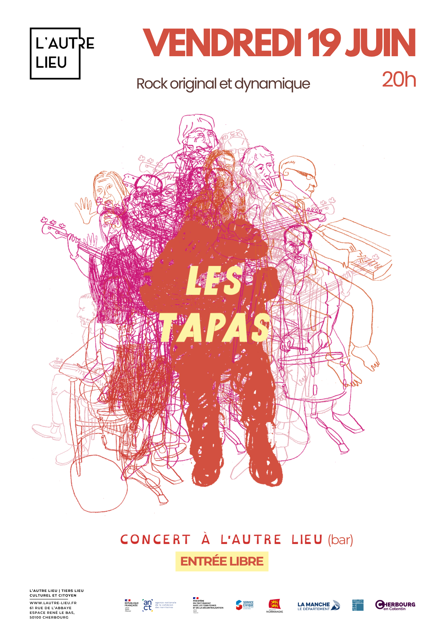 🗓️ SAVE THE DATE ! Nous vous donnons rendez-vous le vendredi 19 juin pour venir danser avec le groupe de musique Les Tapas dans le bar de L’Autre Lieu, dans l’Espace René Le Bas à Cherbourg-en-Cotentin !
