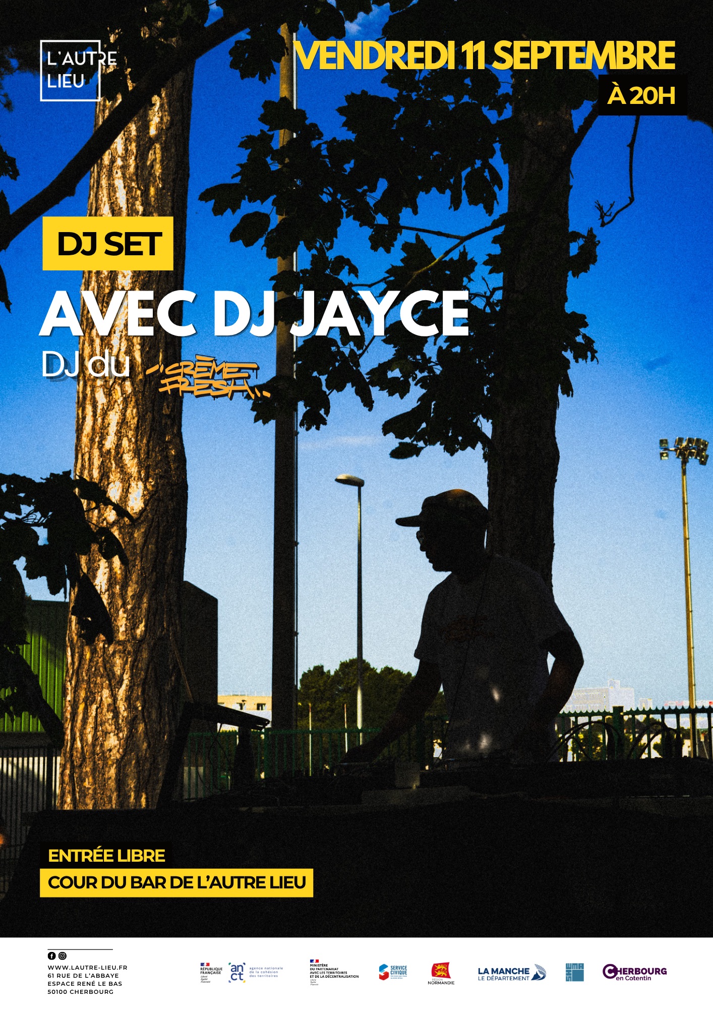 🗓️ Rendez-vous le vendredi 11 septembre à 20h pour un DJ Set avec DJ Jayce dans la cour du bar de L’Autre Lieu, dans l’Espace René Le Bas à Cherbourg-en-Cotentin !