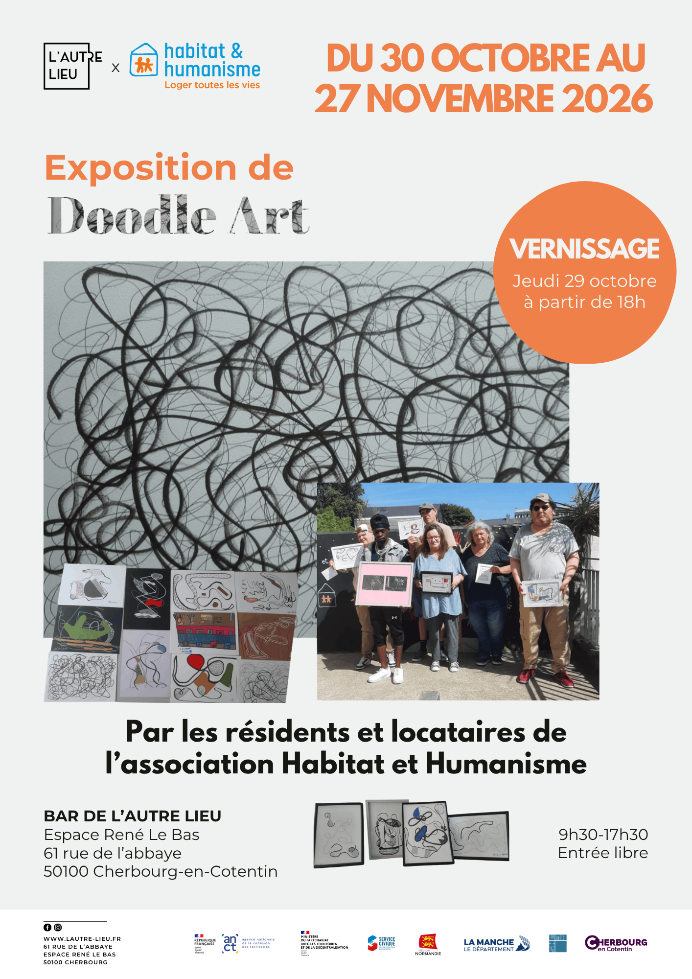 🗓️Rendez-vous du 30 octobre au 27 novembre, du lundi au vendredi de 9h30 à 17h30, pour venir admirer l’exposition Doodle Art par les résidents et locataires de l’association Habitat et Humanisme Manche dans le bar de L’Autre Lieu, dans l’Espace René Le Bas.