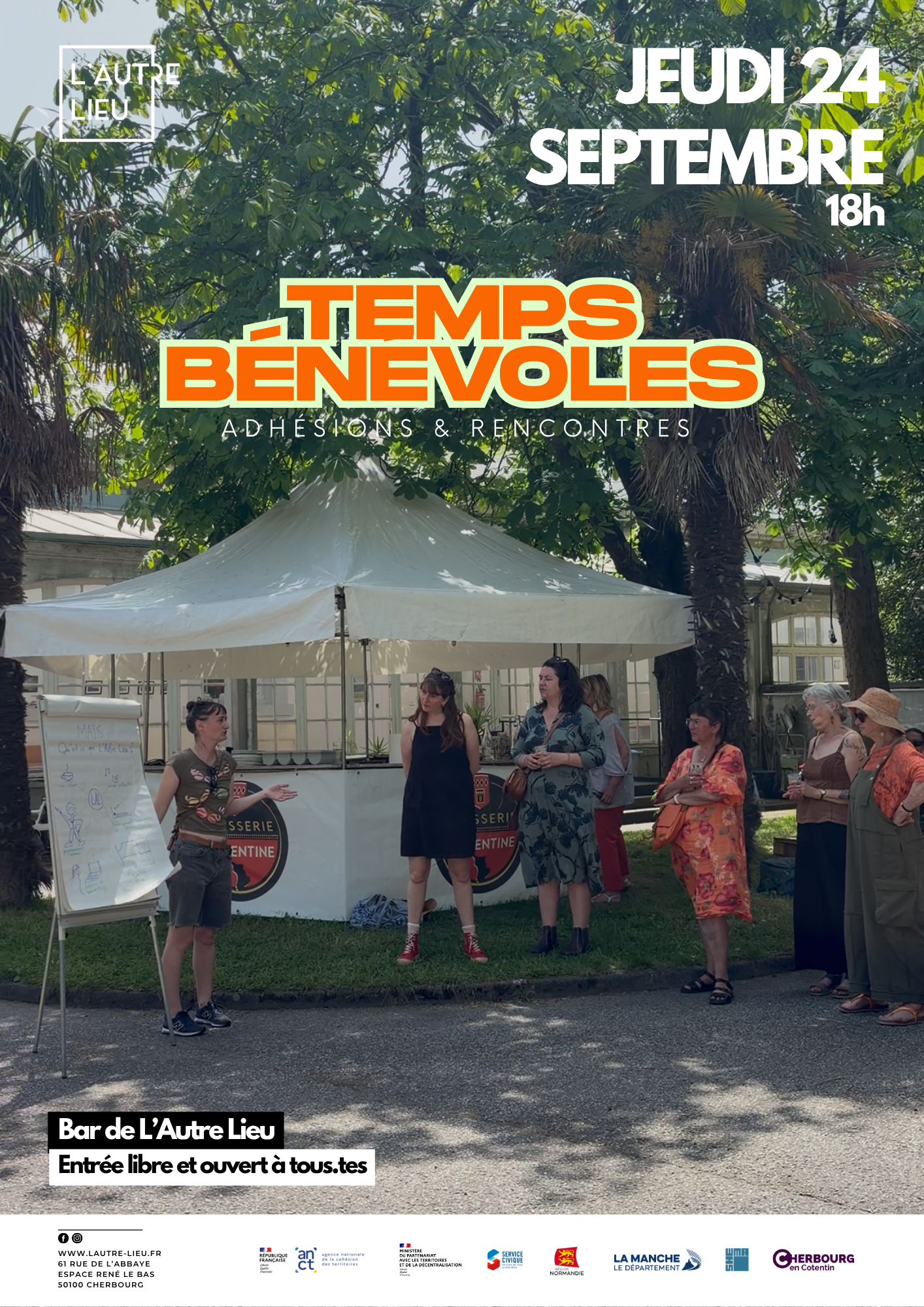 À vos agendas ! Nous vous donnons rendez-vous le jeudi 24 septembre à 18h pour un temps bénévoles dans le bar de L’Autre Lieu, dans l’Espace René Le Bas à Cherbourg-en-Cotentin.
