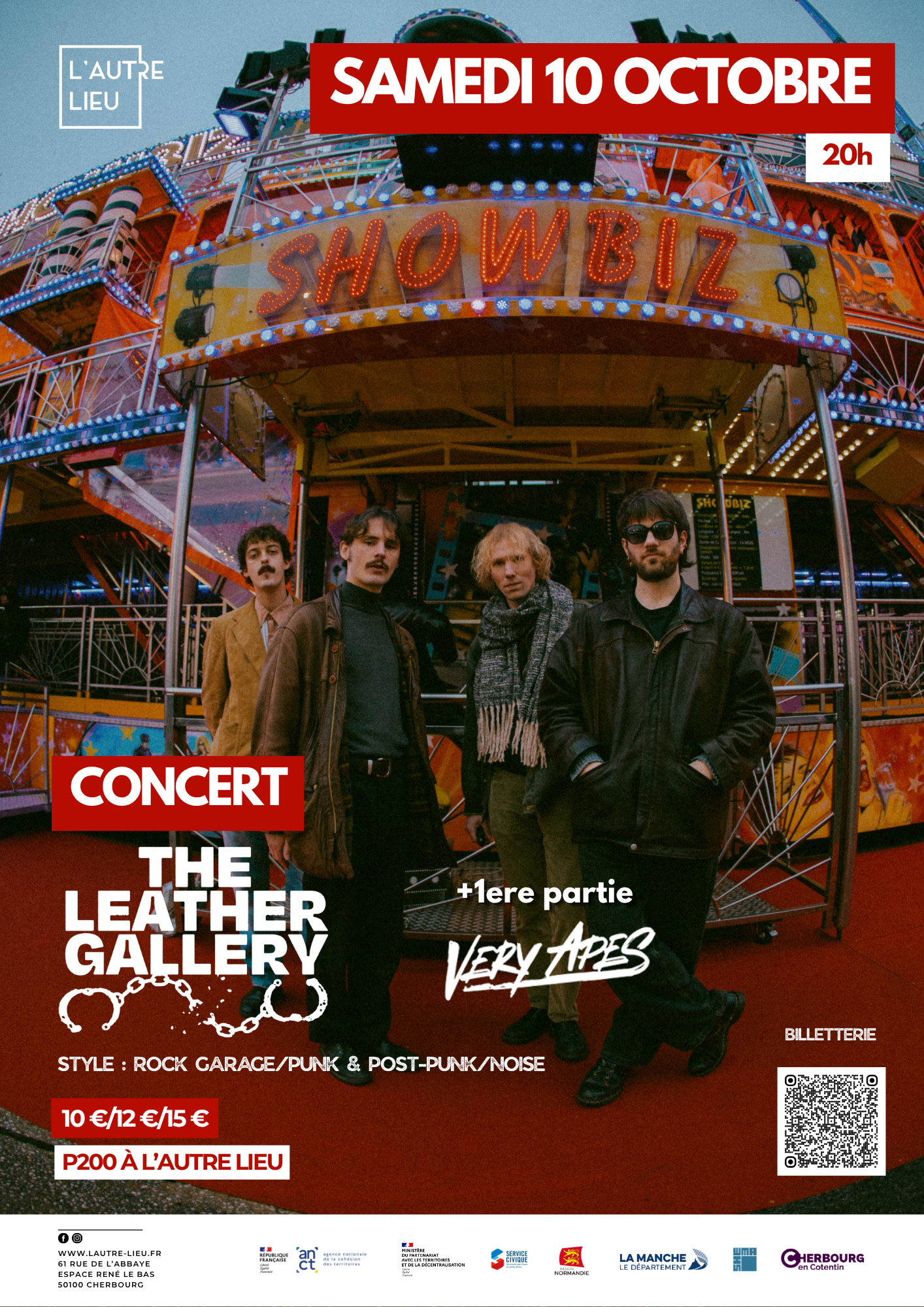 🗓️ Nous vous donnons rendez-vous le samedi 10 octobre à partir de 19h30 pour venir écouter un groupe venu tout droit de Rennes, The Leather Gallery, avec une première partie de notre groupe local préféré : Very Apes. La soirée se déroulera dans le plateau P200 à L’Autre Lieu, dans l’Espace René Le Bas. 
