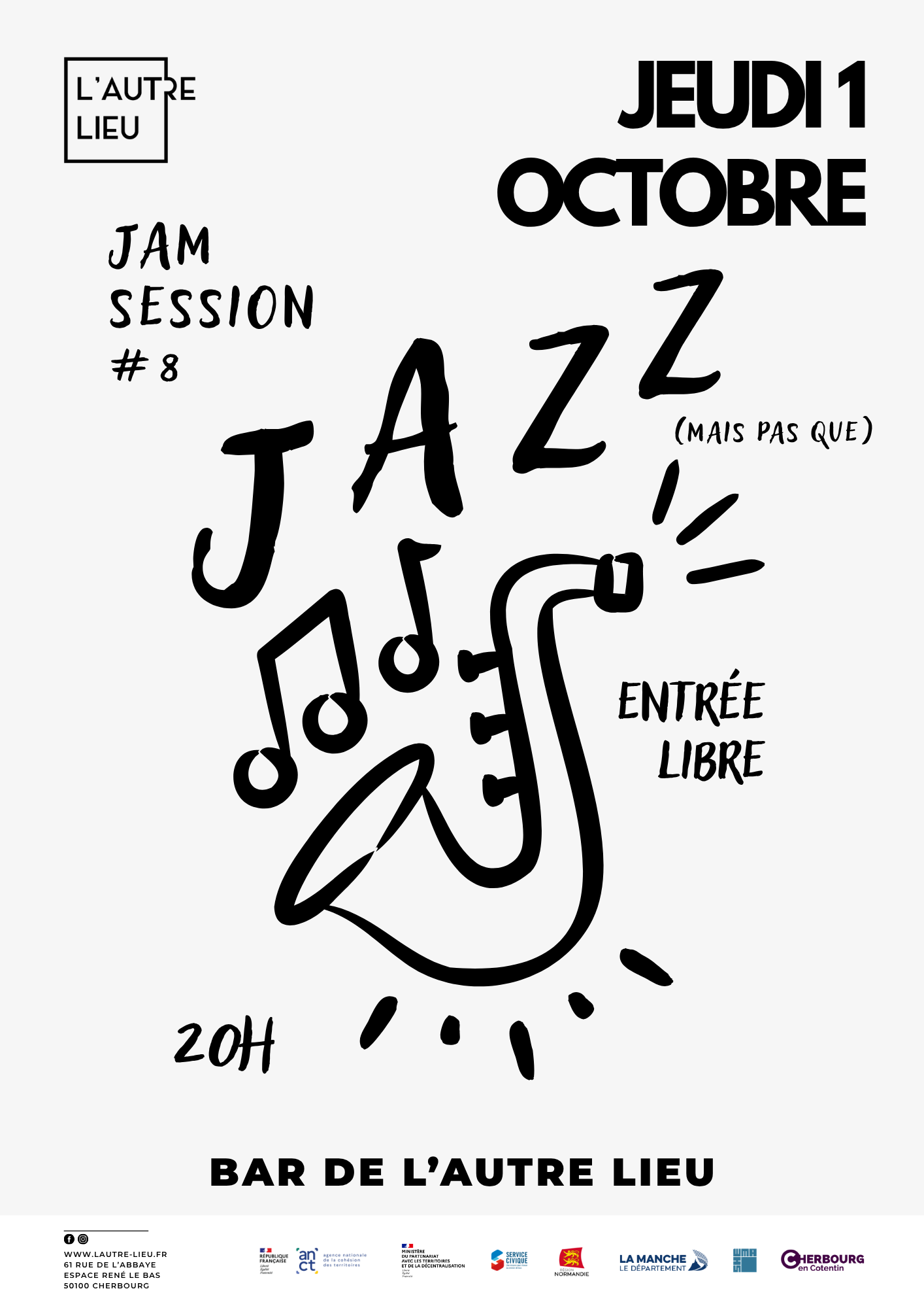 🗓️ Rendez-vous le jeudi 1er octobre à 20h pour une 8e édition de la Jam Session dans le bar de L’Autre Lieu, dans l’Espace René Le Bas à Cherbourg-en-Cotentin !