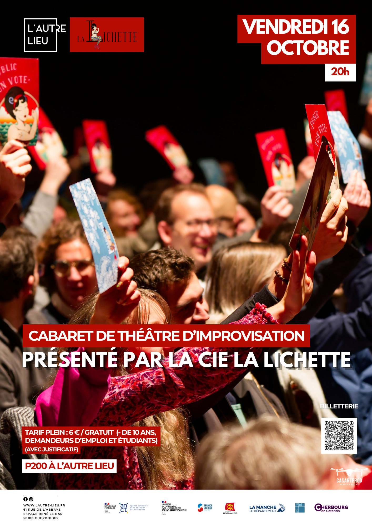 🗓️Rendez-vous le vendredi 16 octobre à partir de 20h pour venir admirer du théâtre d’improvisation avec la Cie La Lichette dans le P200 à L’Autre Lieu, dans l’Espace René Le Bas.