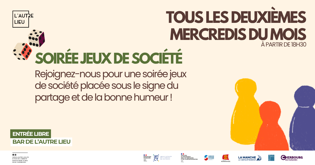 Les bénévoles de l’association de L’Autre Lieu vous donnent rendez-vous tous les 2e mercredis du mois à partir de 18h30 dans le bar de L’Autre Lieu, dans l’Espace René Le Bas pour un moment convivial autour de jeux de société.